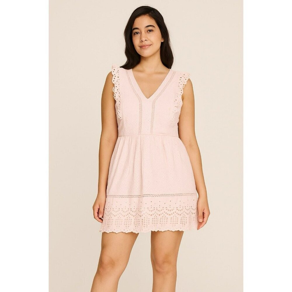 NWT LOFT Eyelet Lace Ruffle Fit Flare Mini Dress Sleeveless Peach Pink Size 8